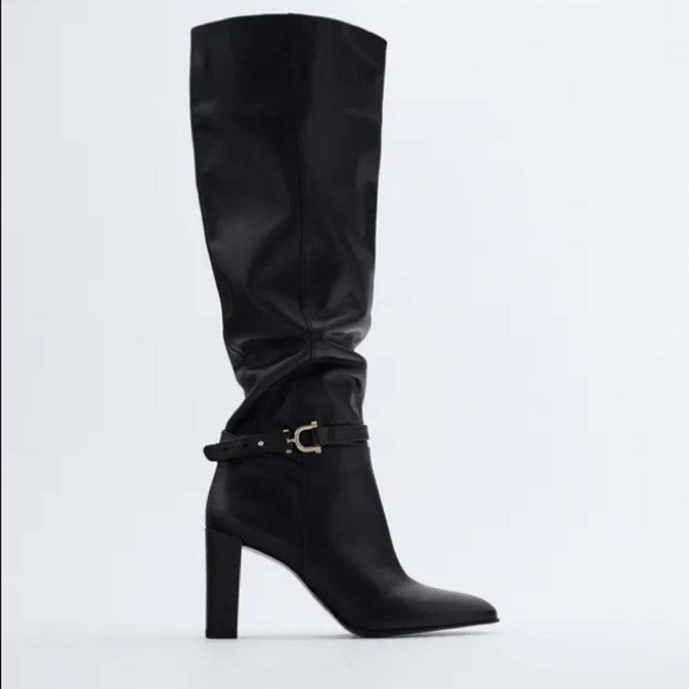 Zara Womens Leather High Heel Over The Knee Riding Boots Horse Bit Black Goth